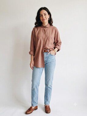Vintage Otto Kern Silk Cotton Blend Taupe Hidden Placket Designer Blouse Large